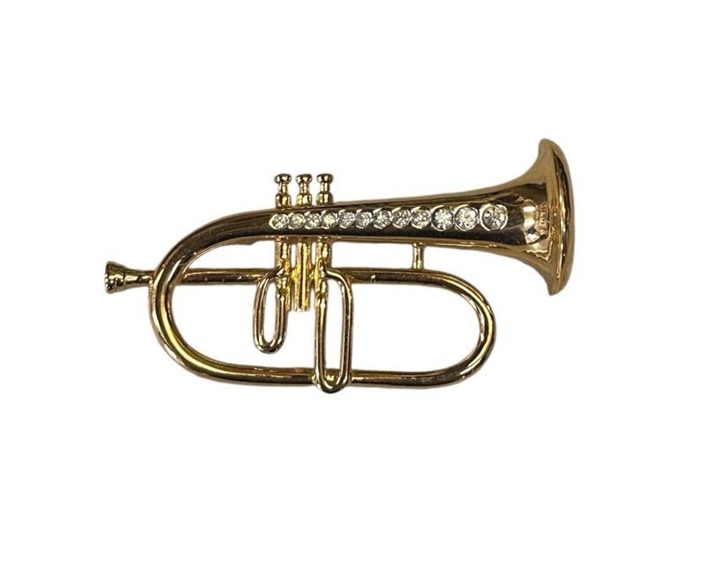 D'ORLAN Vintage Trumpet Pin Clear Rhinestones Gold Tone Brooch